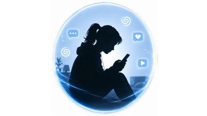 Silhouette of a young person absorbed in a phone surrounded by glowing social-media icons