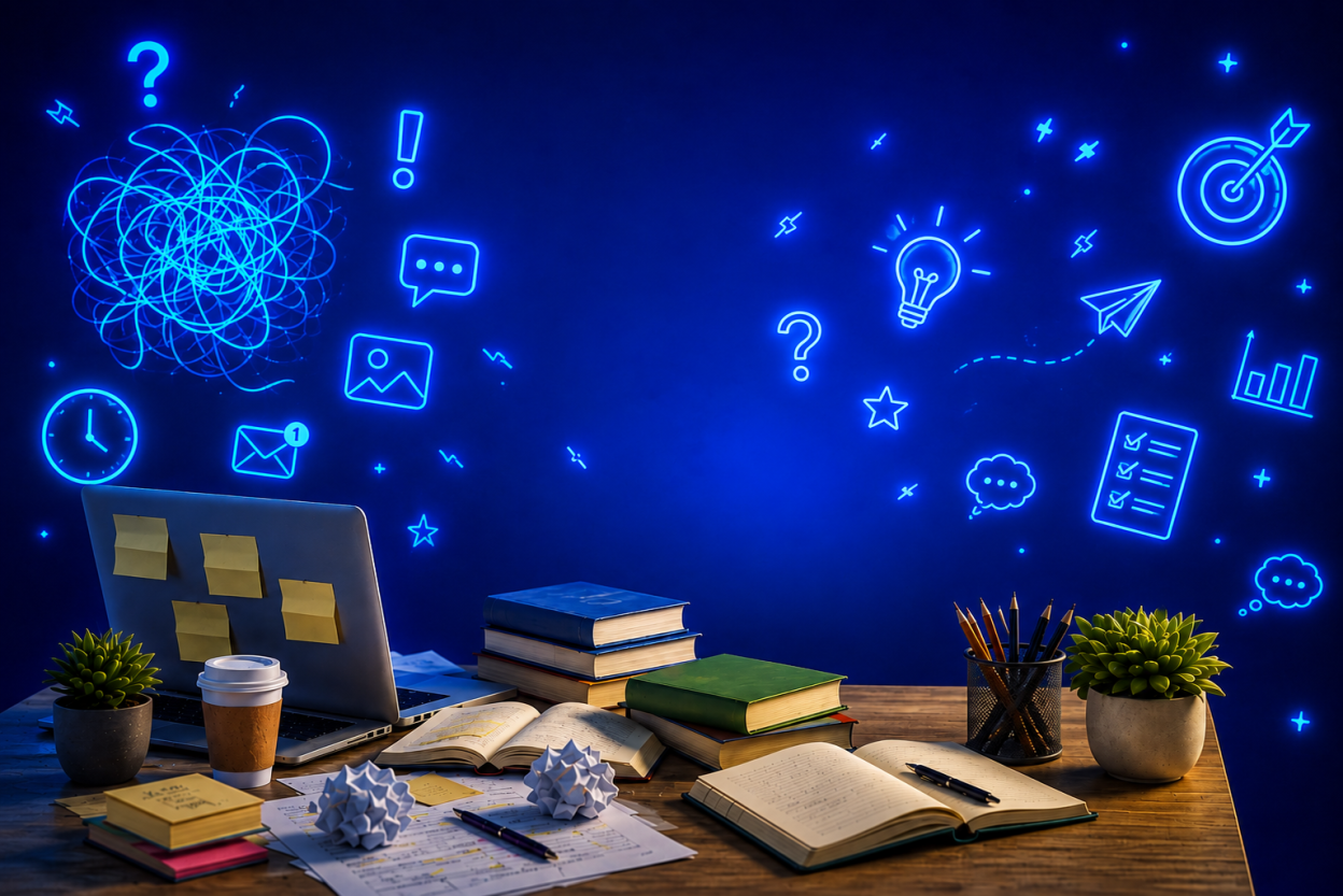 A teenager's cluttered desk with scattered thoughts, deadlines and distractions glowing overhead