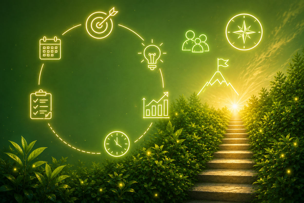 A clear path of steps rising toward a goal, with focus, planning and progress in balance